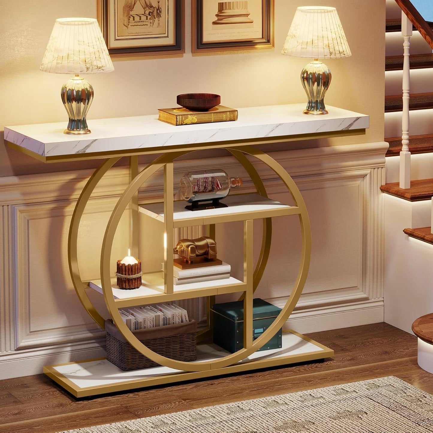 Modern Round Gold Metal Frame Foyer Console Table with White Faux Marble Shelves-2