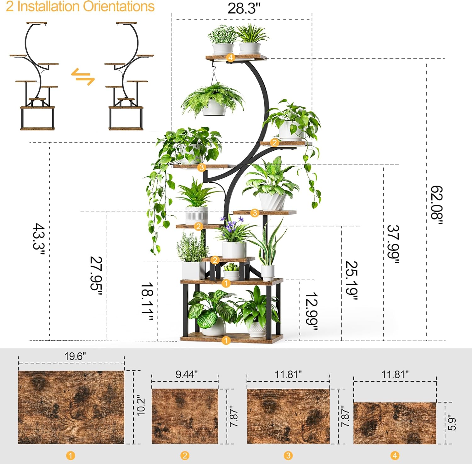 8 Tiered 62" Plant Stand Indoor with Grow Lights, S-Shaped Plant Rack for Home,Patio-4