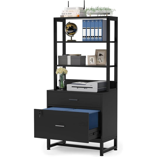 Home Office Lockable 2 Drawer Filing Cabinet Bookshelf in Black Wood Finish-0