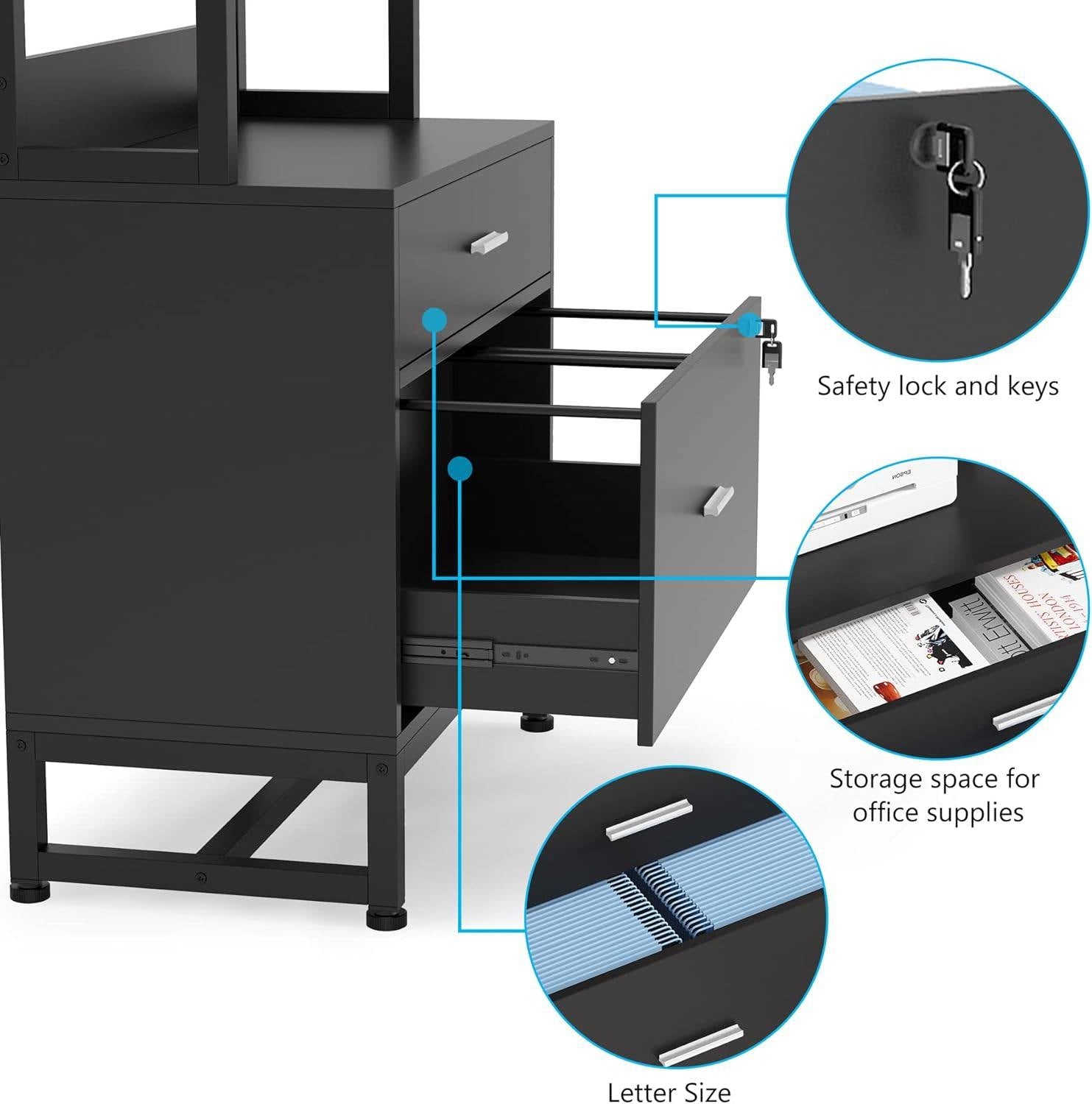 Home Office Lockable 2 Drawer Filing Cabinet Bookshelf in Black Wood Finish-3