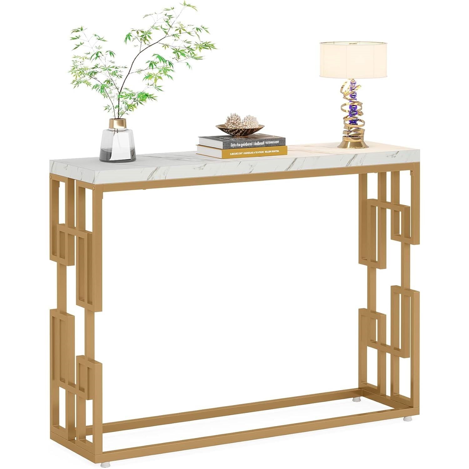 42-inch Modern Console Sofa Table with White Faux Marble Top and Gold Frame-1