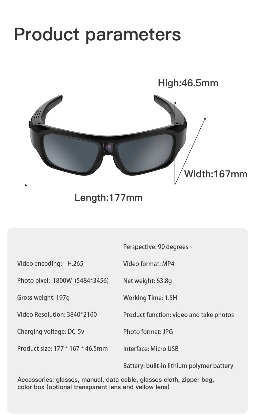 4K Camera Glasses, Video Glasses, Bike Surveillance Video Recorder Action Cam Sunglasses Outdoor Sports Camcorder Ultra-clear