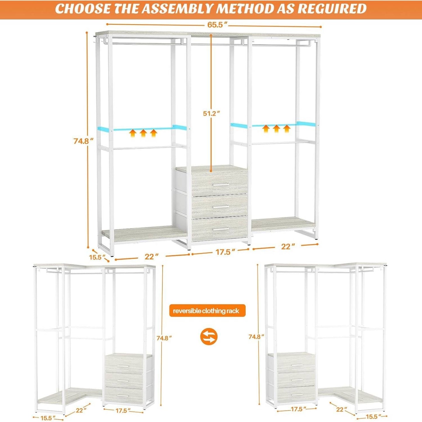 Heavy Duty White Metal Freestanding Garment Rack Closet Wardrobe with 3 Drawers-2