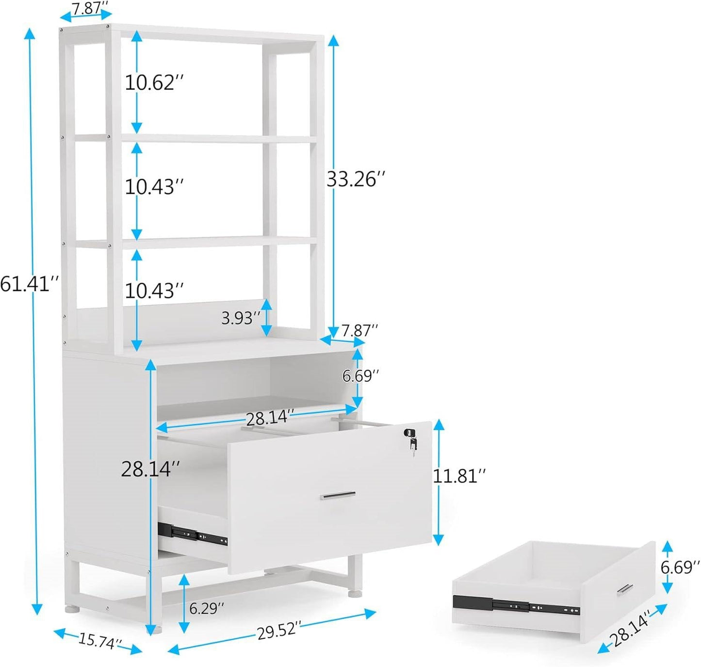Home Office Lockable 2 Drawer Filing Cabinet Bookshelf in White Wood Finish-4