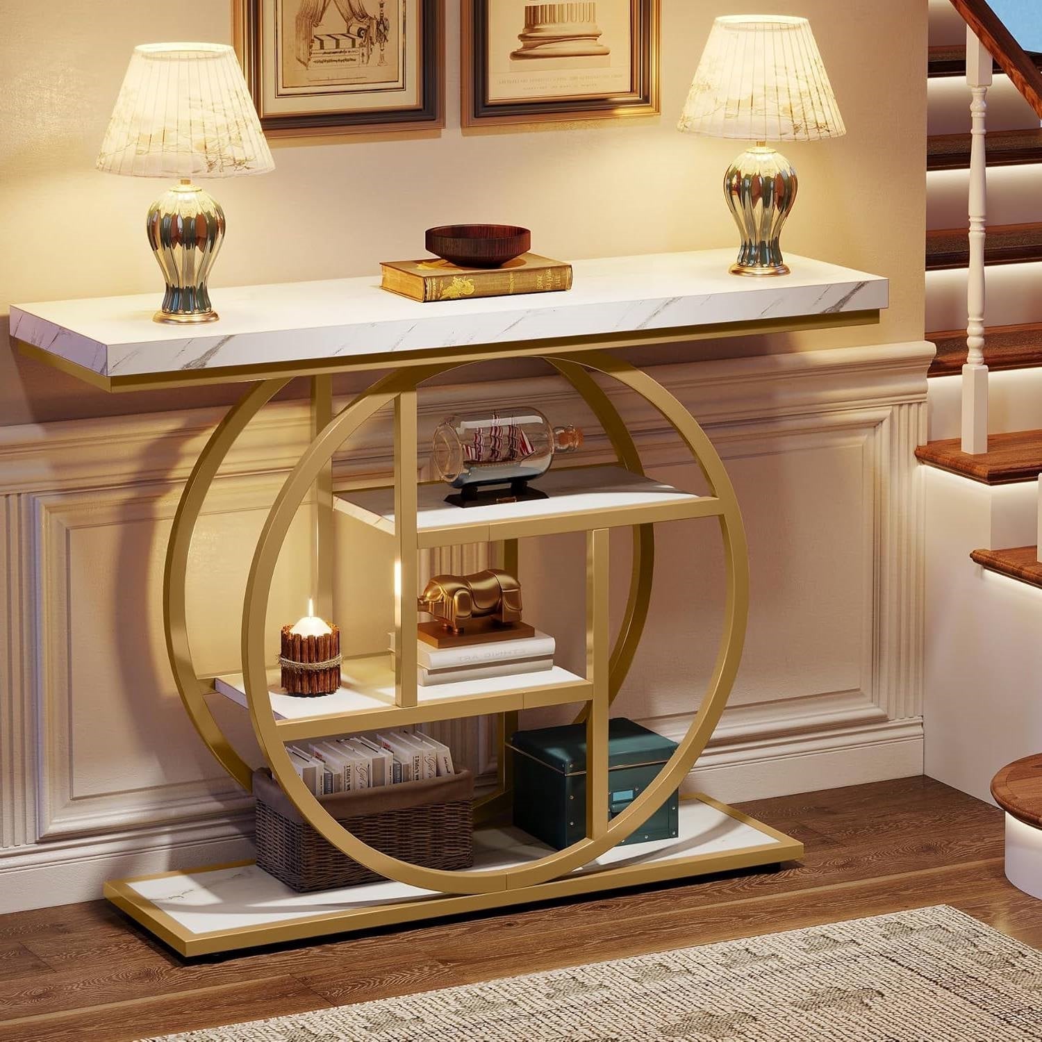 Modern Round Gold Metal Frame Foyer Console Table with White Faux Marble Shelves-2