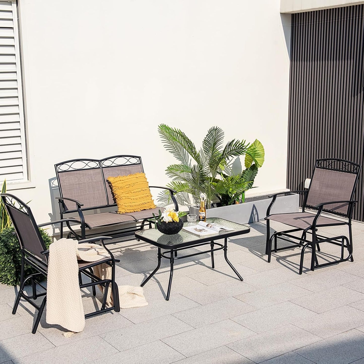 4 Pcs Patio Glider Set, Outdoor Gliding Loveseat W/Tempered Glass Coffee Table, Heavy-Duty Patio Furniture Set for Backyard, Porch, Poolside (4 PCS Patio Glider Set)-1