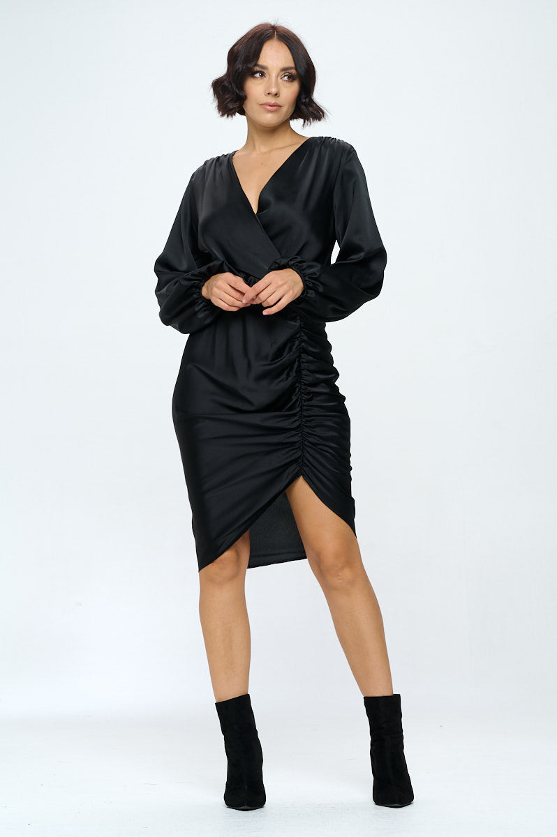 Stretch Satin Dress with Ruched Asymmetrical Hem-1