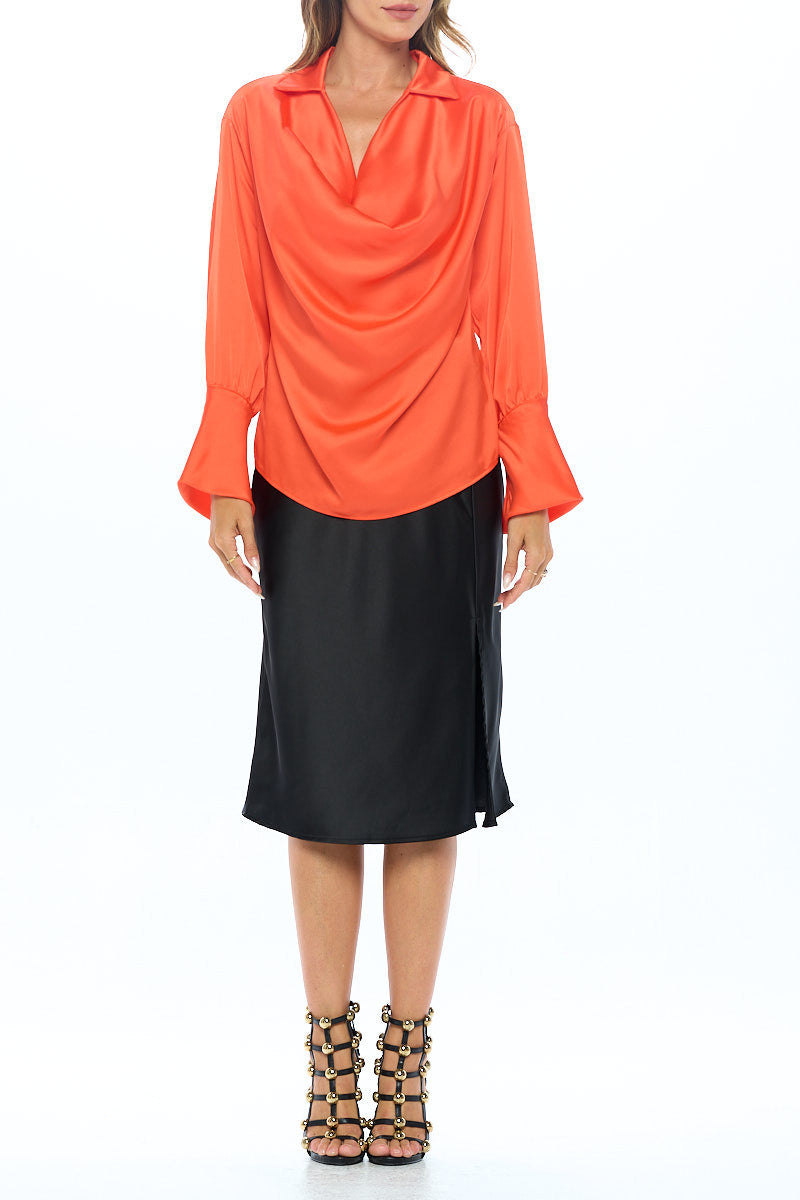Satin Collared Cowl neck Top with Split Cuff-5