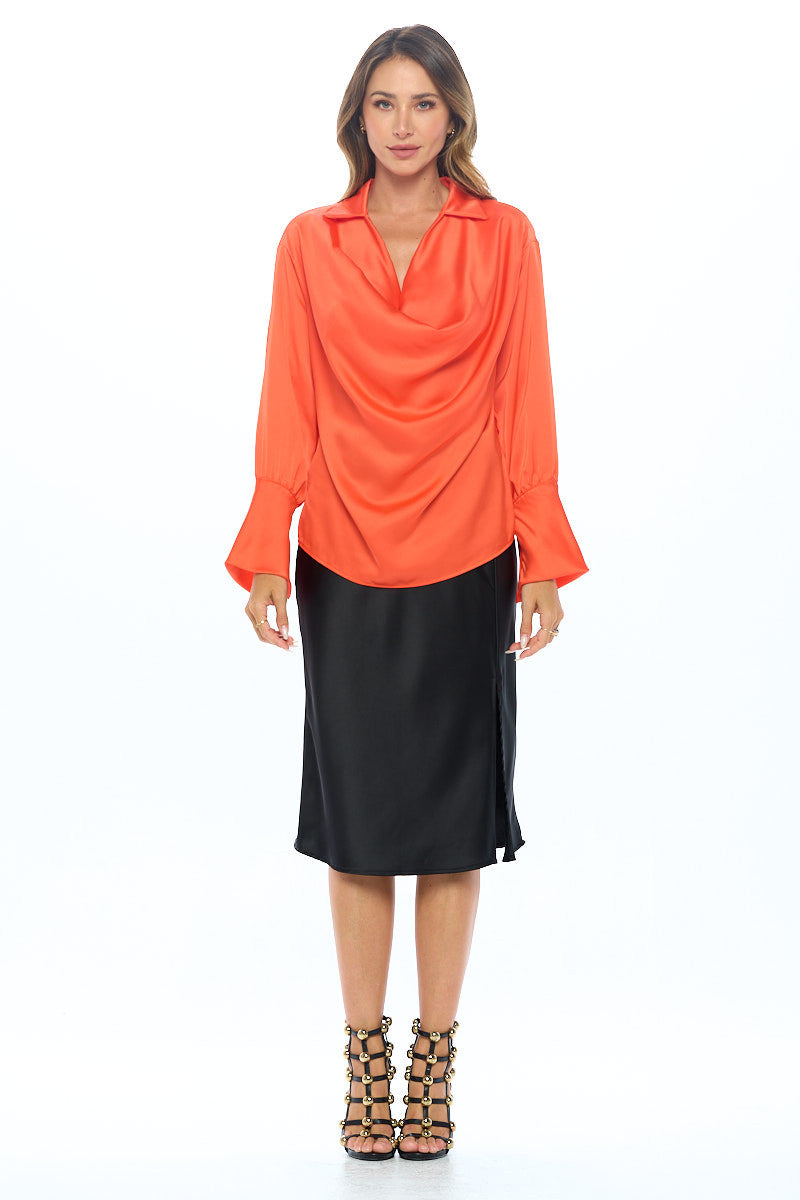 Satin Collared Cowl neck Top with Split Cuff-4