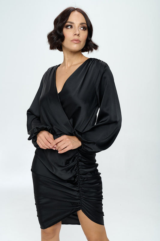 Stretch Satin Dress with Ruched Asymmetrical Hem-0